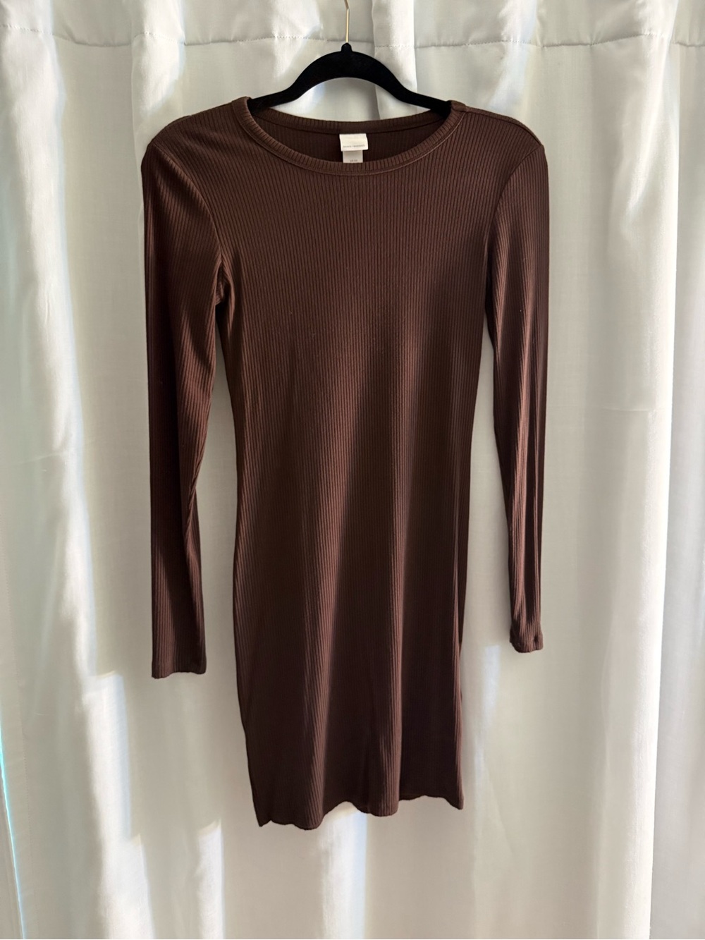 H&M Long Sleeve Ribbed Bodycon Dress in Chocolate Brown
